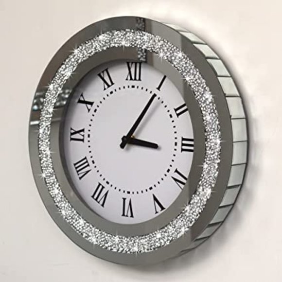 Wall Decor Silver Round Mirror Clock 12inch Crystal Sparkle Twinkle